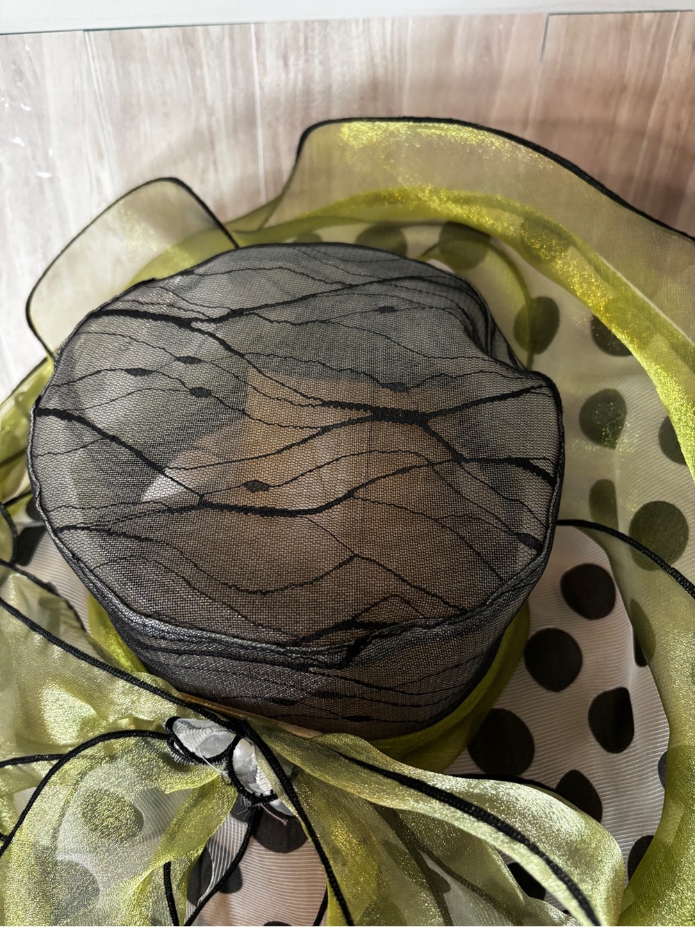 Elegant Olive Green and Black White Polka Dot Organza Derby Wide-Brim Hat - Picture 7 of 12